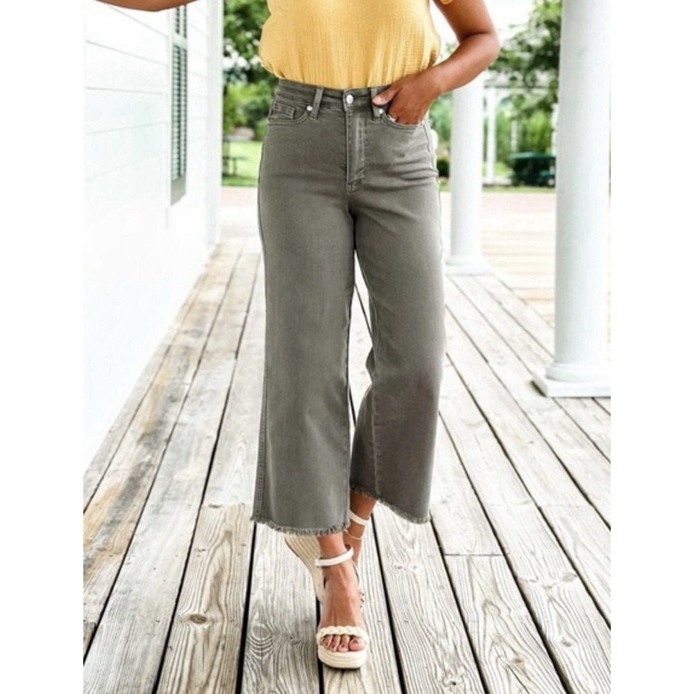 Judy Blue Tummy Control High Rise Wide Leg Cropped Jeans Olive 15/32